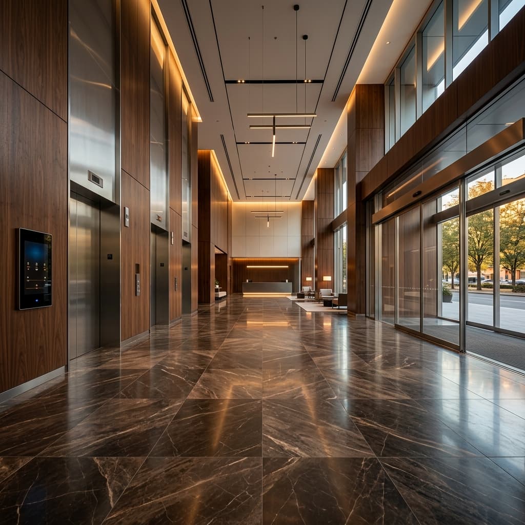 Premium residential automation scene with elevator, barrier gate, and garage door