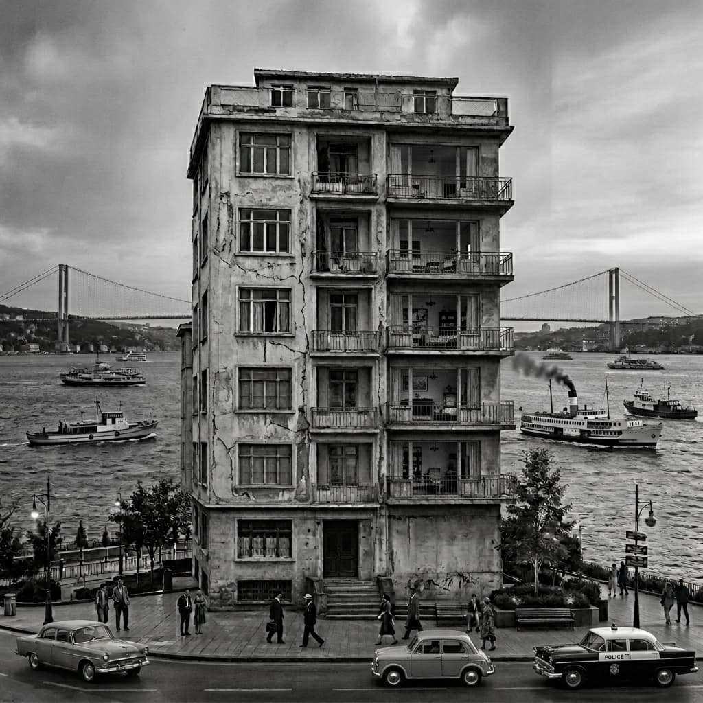 Old damaged apartment building on Bosphorus waterfront