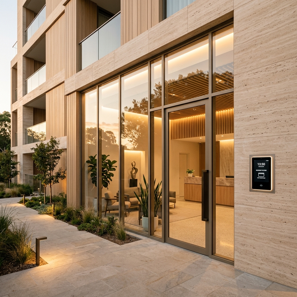 Premium residential automation scene with elevator, barrier gate, and garage door